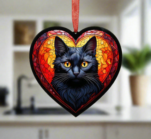 Black Cat Stained Glass Effect Heart Suncatcher